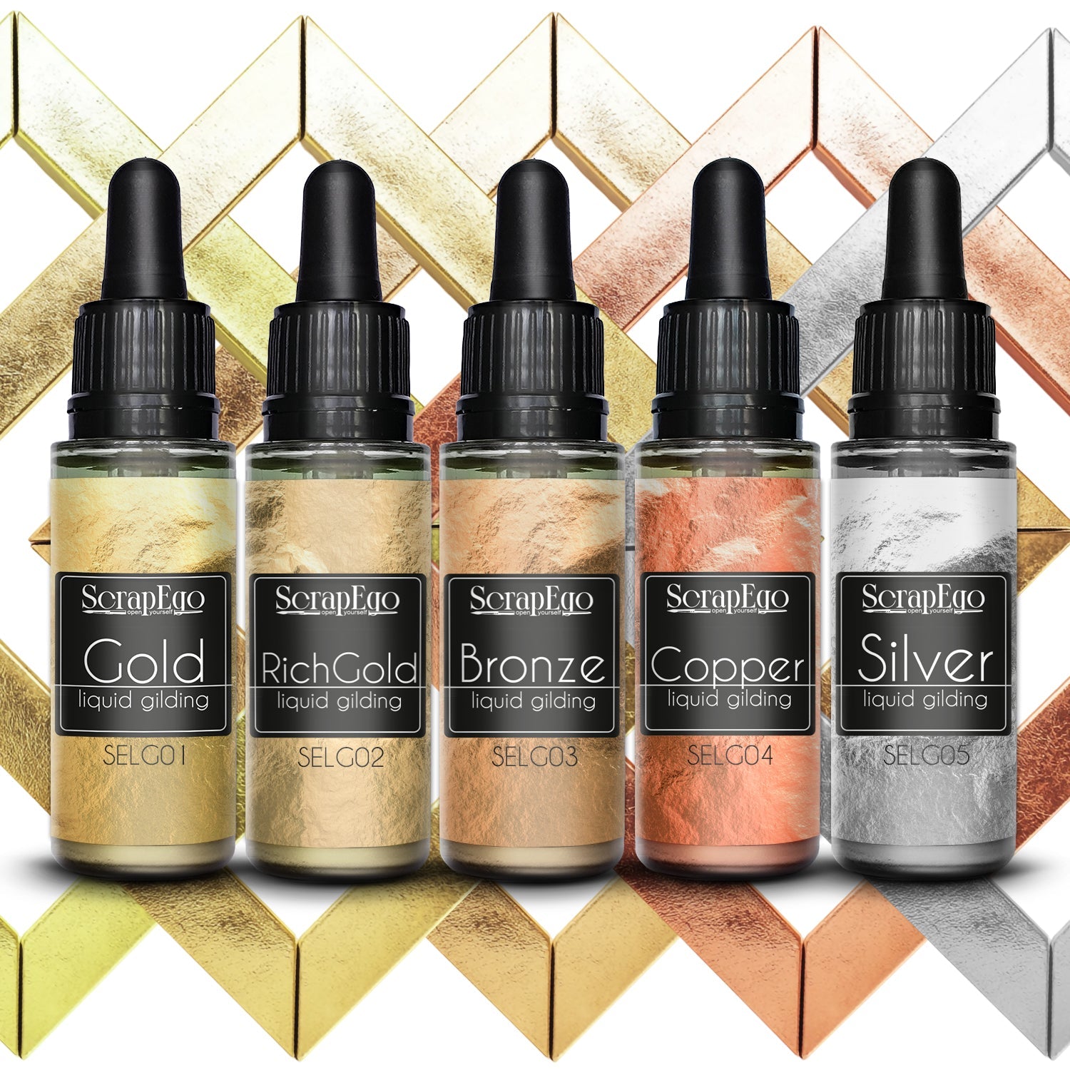 Liquid Leaf Paint by ScrapEgo is alcohol based fast drying paint of metallic color. Contains natural metallic pigments and imitates precious metals.