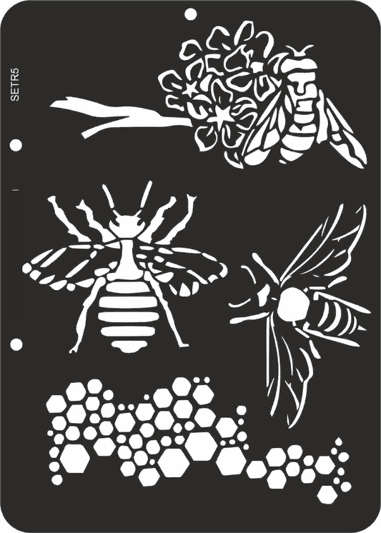 Stencils of bees and honeycomb on a black background