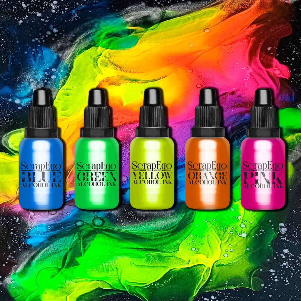 Add a buScrapEgo's fluorescent alcohol inks deliver an explosion of vibrant shades, unmatched brightness, and that irresistible WOW effect in every drop. Create your own rainbow, experiment boldly, and enjoy the process. Maximum color — in every artwork!