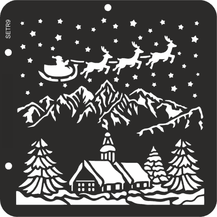collection of Christmas stencils featuring trees, ornaments, snowflakes, Santa, reindeer, and festive motifs. Perfect for decorating cards, gifts, walls, furniture, and DIY crafts.
