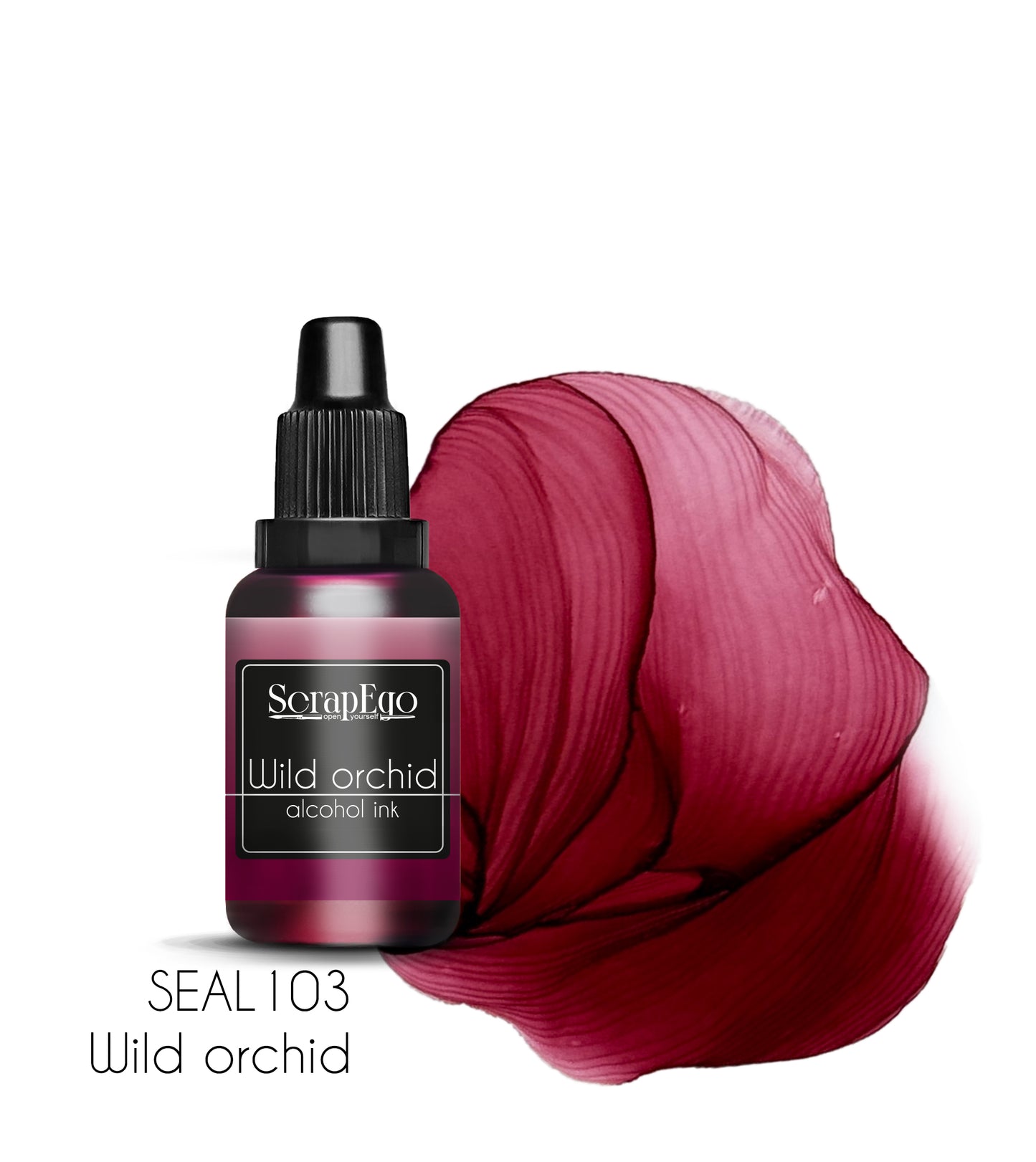Bottle of ScrapEgo Wild Orchid alcohol ink with a swatch of ink color 