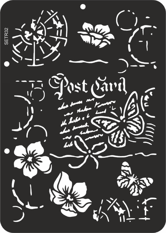 Stenciling sheet with butterfly, floral, and text design 